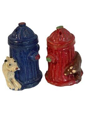 Vintage Fire Hydrant Salt and Pepper Shakers Dog Bear Figurines Japan Ceramic Se